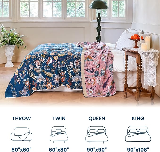 MSGKV Boho Throw Blanket for Couch 50"x60" 100% Cotton Floral Blanket Spring Breathable Lightweight Muslin Home Decorative Blankets for Sofa