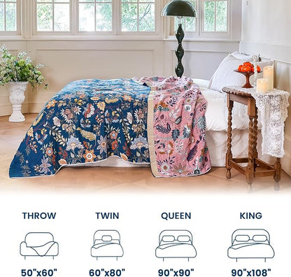 MSGKV Boho Throw Blanket for Couch 50"x60" 100% Cotton Floral Blanket Spring Breathable Lightweight Muslin Home Decorative Blankets for Sofa