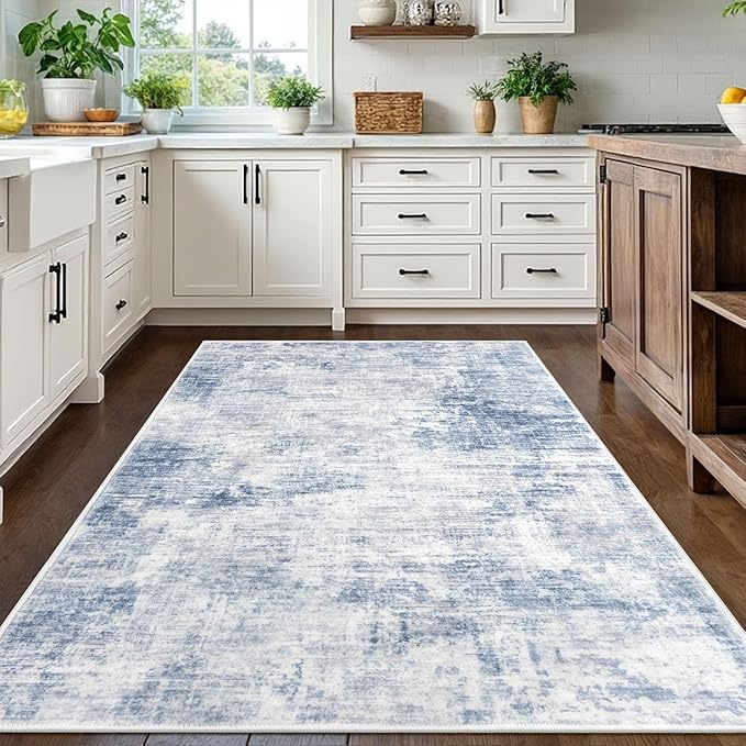 IOHOUZE Abstract Area Rugs 5x7 Ft Washable Rugs for Living Room, Non Slip Dining Room Rug, Printed Faux Wool Rugs for Bedroom, Floor Carpet for Office Nursery Playroom, Light Blue Grey