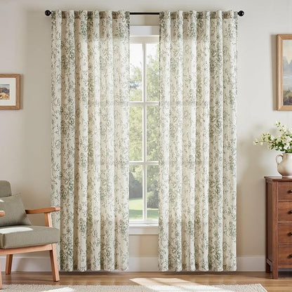 jinchan Linen Blend Floral Curtains for Living Room 84 Inch Length Sage Green Printed Curtain Rod Pocket Back Tab Farmhouse Peony Flower Patterned Drapes Bedroom Curtains Set 2 Panels