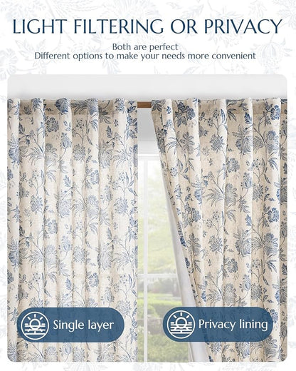 jinchan Lined Linen Floral Curtains for Living Room, 63 Inch Length Printed Flower Farmhouse Patterned French Country Back Tab Blue Window Drapes Set Privacy Bedroom Curtains, 2 Panels