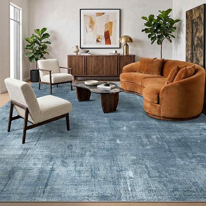 Latte&Fog 10x14 Area Rug for Living Room, Extra Large Blue Modern Abstract Washable Rugs, Boho Non Slip Low Pile Carpet for Indoor Bedroom Dining Room, Office, Dorm, Classroom and Farmhouse - Blue