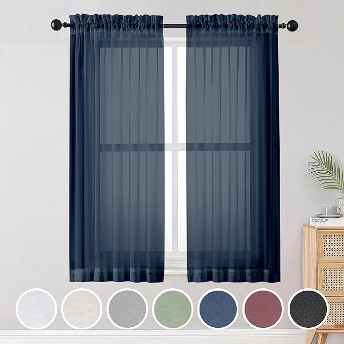 OWENIE Blue Sheer Curtains, Sheer Curtains 63 inch Length 2 Panels Set, Rod Pocket Voile Fimly Sheer Drapes for Living Room/Bedroom, 2pcs, Each 42" W x 63" L, Navy Blue