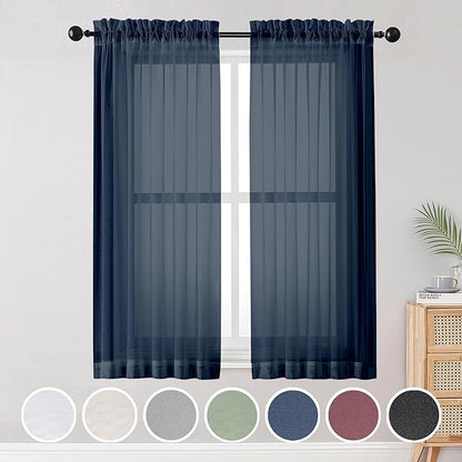 OWENIE Blue Sheer Curtains, Sheer Curtains 63 inch Length 2 Panels Set, Rod Pocket Voile Fimly Sheer Drapes for Living Room/Bedroom, 2pcs, Each 42" W x 63" L, Navy Blue