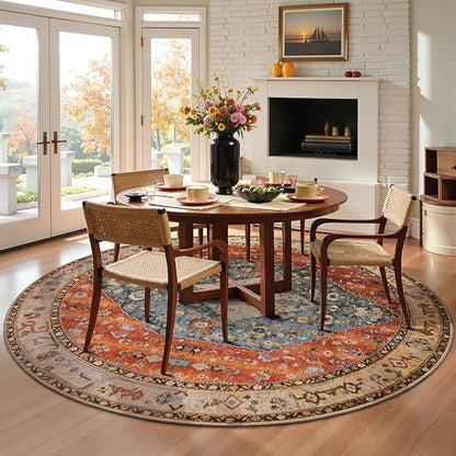 SERISSA Boho Round Area Rug, 6ft Washable Non-Slip Circle Rug, Ultra Soft Oriental Vintage Tribal Low-Pile Circular Carpet for Bedroom Entryway Kids Room Office College Dorm Living Room