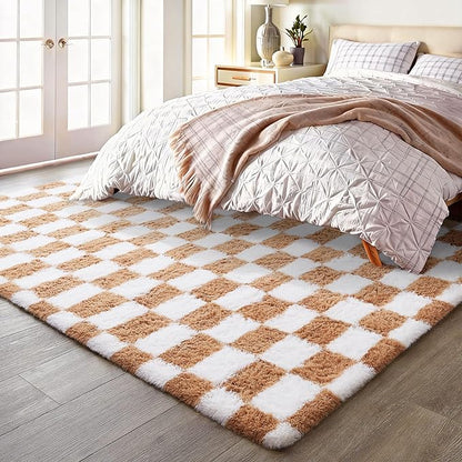 Ophanie Checkered Beige & White Rug for Living Room Bedroom, Fluffy Soft Cute Fuzzy Area Rugs, Shag Plush Shaggy Bedside Floor 6x9 Furry Carpet for Kids Baby Teen Dorm Nursery Home Decor Aesthetic