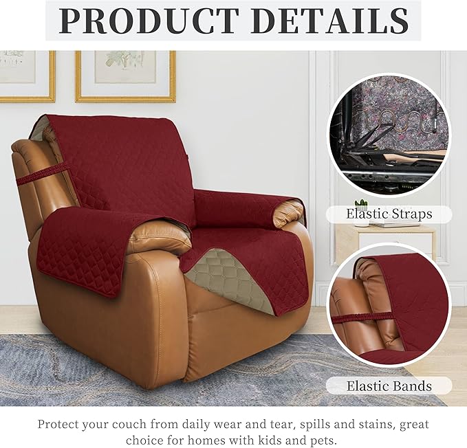 ISSUNTEX Double Protection 100% Waterproof Recliner Covers for Living Room, Reversible Furniture Protector Recliner Couch Sofa Slipcover for Dogs, Pets, Kids (Oversized Recliner, Christmas Red/Beige)