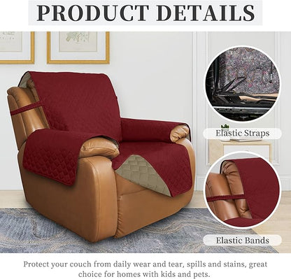 ISSUNTEX Double Protection 100% Waterproof Recliner Covers for Living Room, Reversible Furniture Protector Recliner Couch Sofa Slipcover for Dogs, Pets, Kids (Oversized Recliner, Christmas Red/Beige)