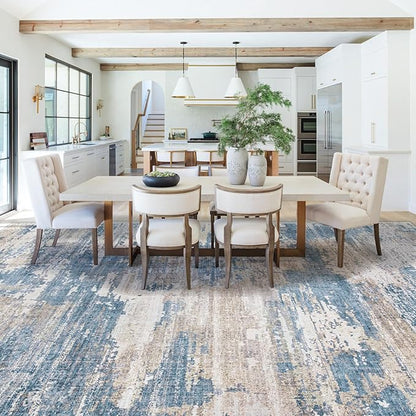 9x12 Area Rug for Living Room, Washable Modern Abstract Large Area Rug Neutral Soft Non Slip Kids Rug Stain Resistant Indoor Carpet for Bedroom Dining Room Playroom Office(BlueBeige, 9'x12')