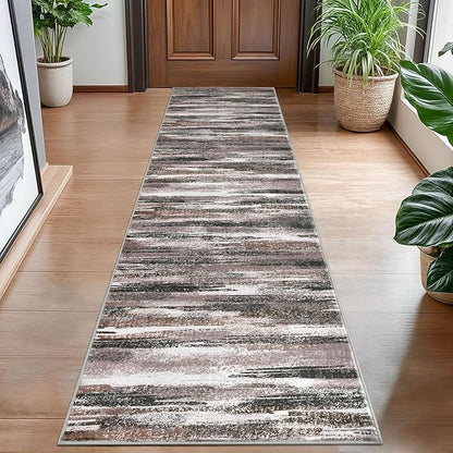 Lansny Modern Abstract Hallway Runner Rug, Dark Light Brown White Washable Kitchen Runner Non-Slip Soft 2x8 Runner Rug Thin Print Faux Wool Carpet for Entryway Bedroom Laundry Room Indoor Home Decor