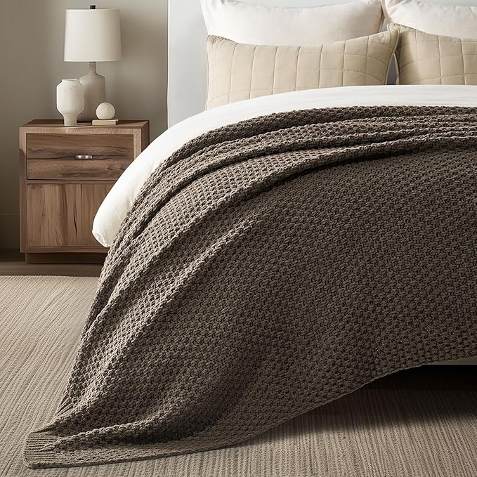 EVERGRACEHOME Chunky Chenille Knit Throw Blanket for Couch, Soft Luxurious Oversized Queen Moss Stitch Blanket for Bed, Cozy Farmhouse Knitted Throw for Sofa, Mocha Brown, 90" x 90"