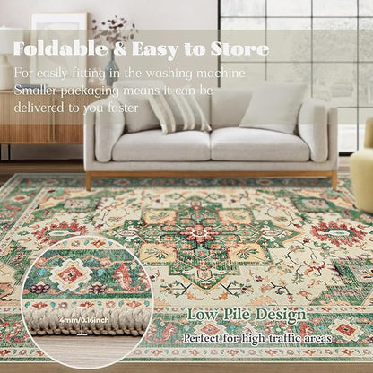 Area Rug 8x10 Washable Rug, Vintage Boho Medallion Rugs Non-Slip Soft Low Pile Large Distressed Rug Indoor Retro Carpet for Living Room Bedroom Dining Room Home Office (Green Beige, 8'x10')