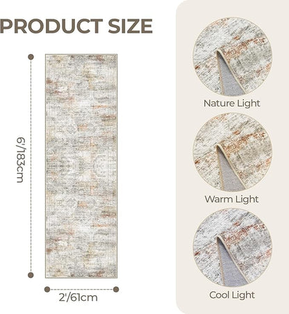 Washable Runner Rugs for Bedroom - 2x6 Runner Rug Non Slip, Ultra-Thin Entryway Runner, Soft Abstract Kitchen Runner for Hallway, Laundry, Bathroom, Indoor Door Mat(2'x6', Grey/Rust)