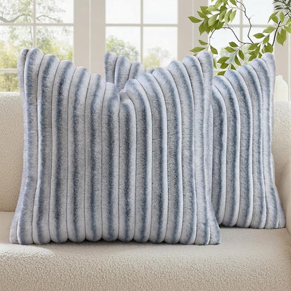 decorUhome Cozy Faux Fur Throw Pillow Covers 16x16 Set of 2 Decorative Soft Plush Striped Modern Farmhouse Boho Couch Pillow Cases with Velvet Back for Sofa Bed Living Room, Grey White