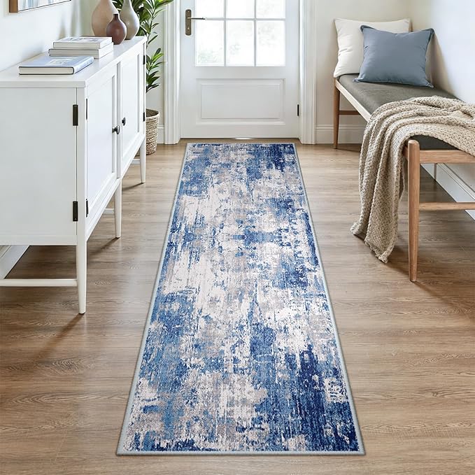 Washable Area Rugs 2'6''x8 Non-Slip Modern Abstract Soft for Living Room Entryway Bedroom Nursery, Print Pattern, Blue Grey Navy Gray
