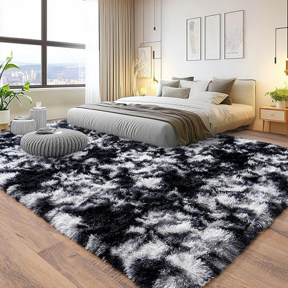 Pionblank 8x10 Rug for Living Room, Fuzzy Plush Large Area Rug, Fluffy Modern Shag Non Slip Soft Furry Carpet for Bedroom Kids Room Nursery Teens Dorm Home Decor, Black White