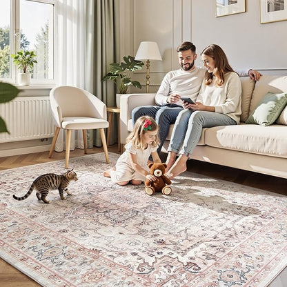 Lofus 8x10 Area Rugs for Living Room, Washable Area Rug, Rugs for Bedroom, Kitchen, Vintage Boho Carpet, Soft Non-Slip, Low Pile Large Area Rug for Office Dining Room, Pink