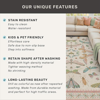 Hazo Haus Cute Rugs for Bedroom Girls - Pink Living Room Rugs 8X10, Dining Room Table, Washable Pastel Flower Insect Print Whimsical Décor