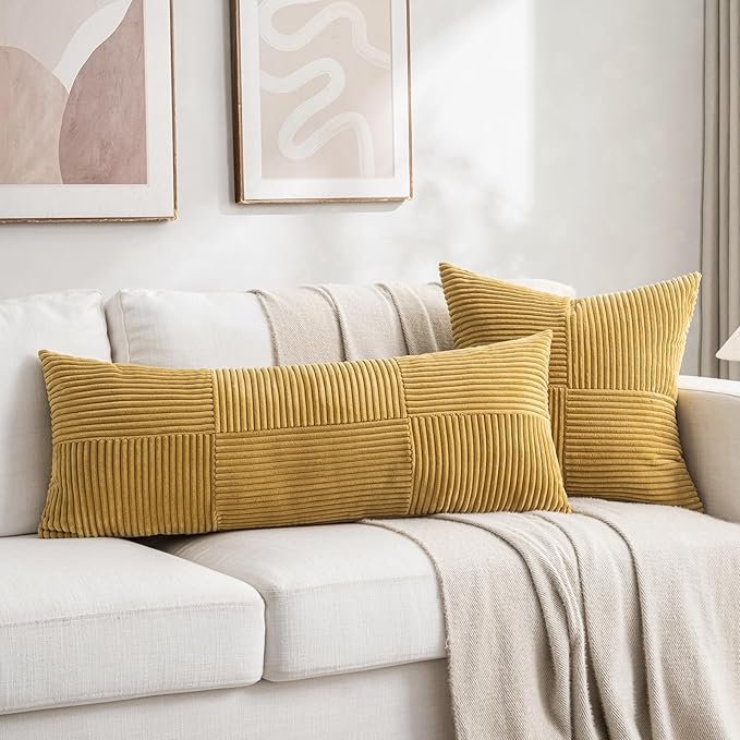 Fancy Homi 2 Packs Mustard Yellow Decorative Throw Pillow Covers 20x20 Inch for Living Room Couch Bed Sofa, Farmhouse Boho Home Decor, Soft Corss Corduroy Patchwork Accent Square Cushion Case 50x50 cm