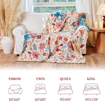 MSGKV Boho Throw Blanket for Bed Twin Size 100% Cotton Floral Blanket 60"x80" for Sofa Couch Muslin Spring Breathable All Seasons Lightweight Farmhouse Blankets Home Decor