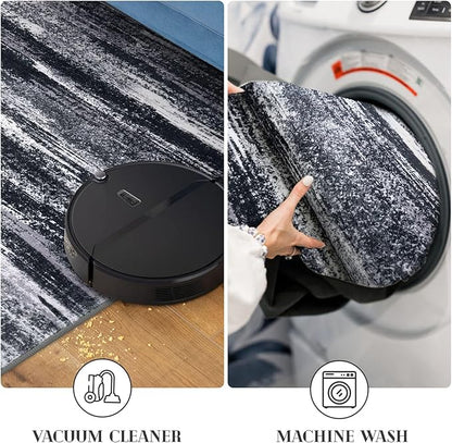 Lansny Modern Abstract Runner Rug 2x5, Black Grey Washable Kitchen Runner Entryway Rug Mat Non-Slip Soft Hallway Rug Runner Thin Print Faux Wool Carpet for Bedroom Laundry Room Indoor