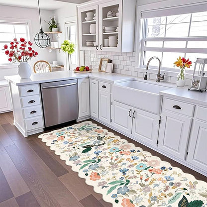 3x10 Washable Hallway Runner Rug: Long Floral Scalloped Soft Runners for Kitchen Entryway Non Slip Bathroom Nursery Floor Mat 10ft Water Resistant Low Pile Carpet for Living Room Bedroom(3x10,Cream)