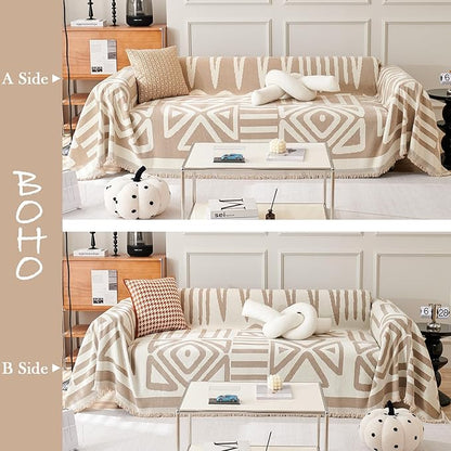 HANDONTIME Sofa Covers for Sectional Sofa Boho Couch Cover for Dogs Khaki Throw Couch Cover with Tassel Loveseat Covers Futon Cover L Shaped Cover Washable Chenille Couch Protector, 91" X150"