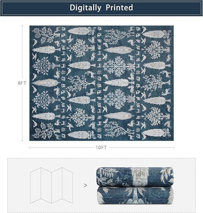 Washable Rugs 8x10 Area Rugs for Living Room,Bedroom,Dining Room- Large Ultra Soft Faux Wool Retro Carpet,Non Slip&Non-Shedding Low Pile Vintage Print Rug for Home Office Dorm Playroom-Blue
