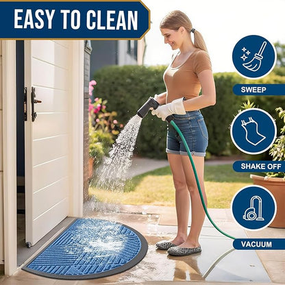 Smiry Half Circle Front Door Mat Outside Entrance, Heavy Duty Sturdy Natural Rubber Doormat, Trap Dirt and Moisture, Low Profile Mats for Indoor Outdoor Entry, Irregular Triangle (35x23, Blue)