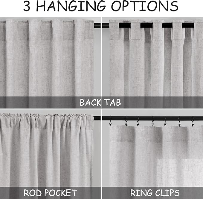 Nanspring Grey Linen Curtains 63 Inches Length 2 Panels Set for Living Room Back Tab Pocket Modern Light Filtering Semi Sheer Drapes Cotton Linen Textured Grey Window Curtain 52X63 Inches