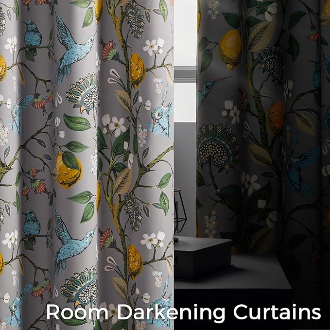Topfinel 54 Inches Long Short Grey Blackout Curtains for Cafe Kitchen, Grommet Room Darkening Luxury Floral Lemon Hummingbird Patterned Waverly Colorful Drapes for Living Room Bedroom