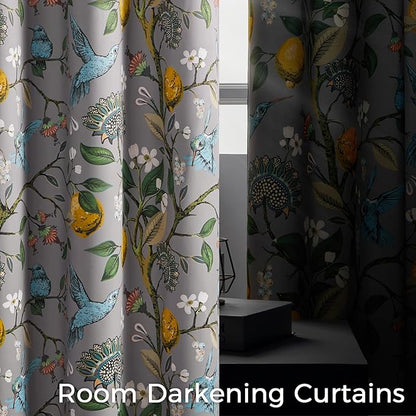 Topfinel 54 Inches Long Short Grey Blackout Curtains for Cafe Kitchen, Grommet Room Darkening Luxury Floral Lemon Hummingbird Patterned Waverly Colorful Drapes for Living Room Bedroom
