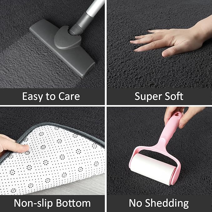 AROGAN Modern Shag Area Rug for Bedroom, 4x6 Feet Washable Rugs for Living Room, Indoor Floor Carpet, Plush Memory Foam Bedside Rugs for Kids Girls Teens Room Low Pile, Dark Grey