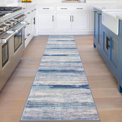 KOZYFLY Modern Abstract Hallway Runner Rug, 2x8 Washable Rug Runner Non-Slip Soft Striped Kitchen Runner Rugs, Print Blue/Grey/Beige Carpet Runner for Entryway Bathroom Laundry Room Foyer