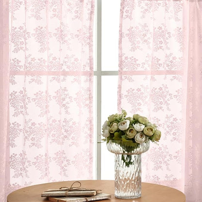 YJ YANJUN Vintage Lace Curtains 30 inch Length 2 Panels - Cute Floral Short Pink Sheer Window Curtain Panels for Little Girls Room Bedroom Princess Cafe Half Curtains Rod Pocket Pink Boho Decor