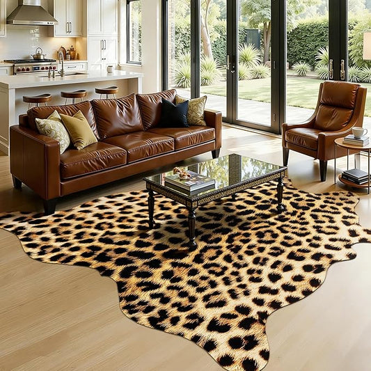 AROGAN Western Decor Faux Fur Leopard Rug, 8 x 10 Feet Premium Animal Skin Leopard Hide Rug, Sturdy Cheetah Print Rugs for Wall Decor, Western Floor Carpet for Bedroom Living Room, Black and Gold