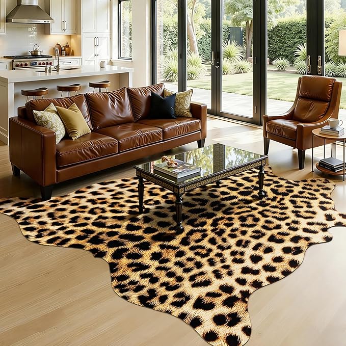 AROGAN Western Decor Faux Fur Leopard Rug, 6.2 x 7 Feet Premium Animal Skin Leopard Hide Rug, Sturdy Cheetah Print Rugs for Wall Decor, Western Floor Carpet for Bedroom Living Room, Black and Gold