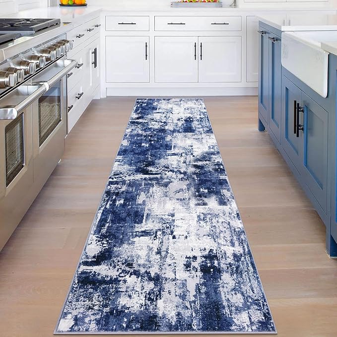 KOZYFLY Modern Abstract Rug Runner for Hallway 2x8 Navy Blue Kitchen Runner Rug Non Skid Washable Carpet Runner Laundry Room Mat Soft Fluffy Low Pile Rug for Hallway Entryway Bathroom