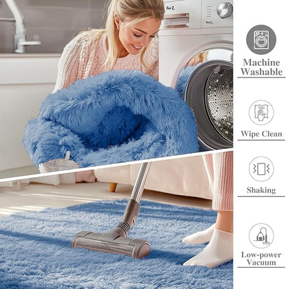 OLANLY 2x3 Machine Washable Small Bedside Rug, Soft Fluffy Shaggy Entryway Throw Rugs for Bedroom, Living Room, Indoor Floor Carpet for Kids Girls and Boys, Home Decor Aesthetic, Blue