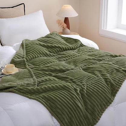 Olive Green Fleece Throw Blanket 90”×90” for Couch Sofa Bed,Super Soft Cozy Plush Microfiber Flannel Blanket with Stripes Design Lightweight for Adults,Woman,Girls