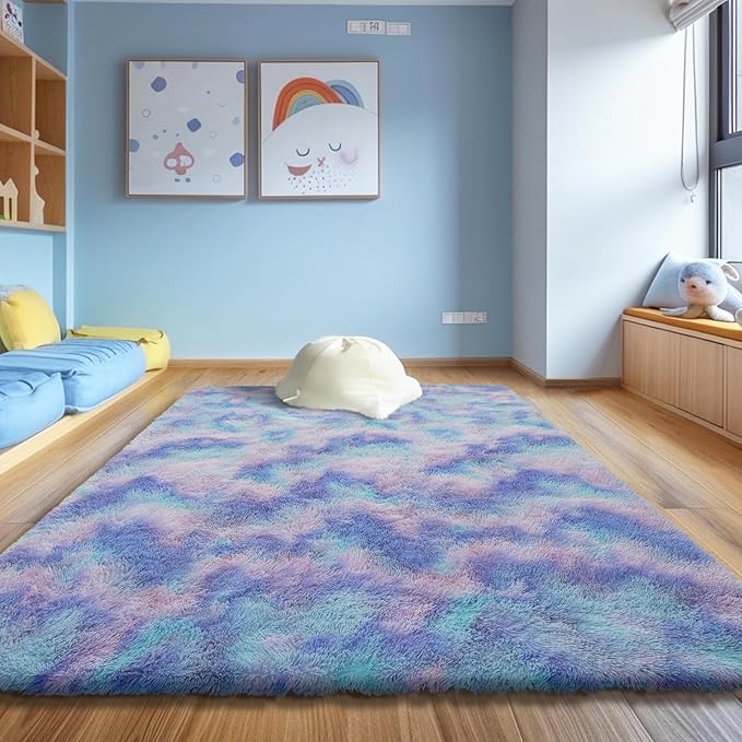 Shag Area Rug for Bedroom 3x5,Fluffy Area Rugs for Living Room,Soft Fuzzy Rug Non-Shedding Indoor Plush Carpet for Kids Bedroom Nursery Dorm Home Decor,Rainbow Purple