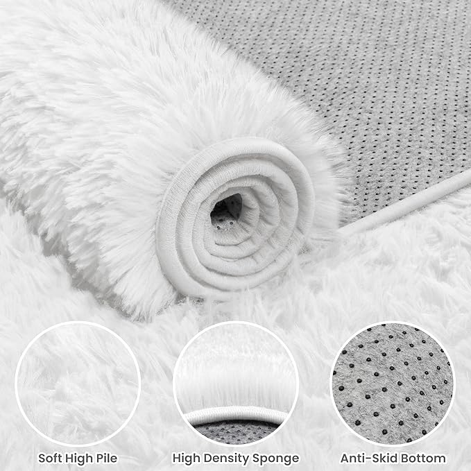 2x6 Bedside Area Rugs for Bedroom: Soft Fluffy Shag White Rug for Hallway, Non-Slip Fuzzy Plush Living Room Rug Indoor Floor Carpet for Kids Rooms, Dorm, Nursery, Modern Home Aesthetic Decor
