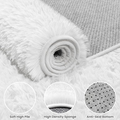 2x6 Bedside Area Rugs for Bedroom: Soft Fluffy Shag White Rug for Hallway, Non-Slip Fuzzy Plush Living Room Rug Indoor Floor Carpet for Kids Rooms, Dorm, Nursery, Modern Home Aesthetic Decor