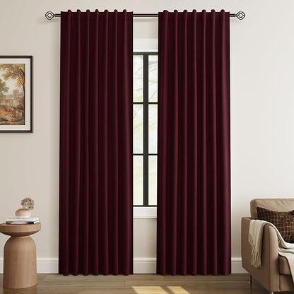 Guken Burgundy 100% Blackout Linen Curtains 84 Inch Length 2 Panels Set for Living Room Bedroom Back Tab Thermal Insulated Black Out Drapes Room Darkening Farmhouse Style for Bedroom Window Curtains