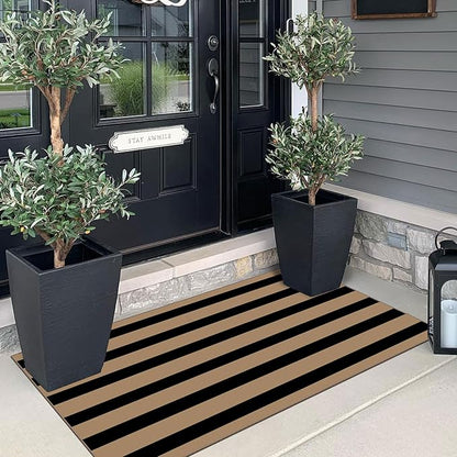 Front Door Mat Indoor Entrance - 2x4.3 Ft Black Tan Striped Washable Doormat Outdoor Entrance Porch Rug Non-Slip Layered Runner Rug for Kitchen Hallway Bedroom Laundry Room Porch Decor