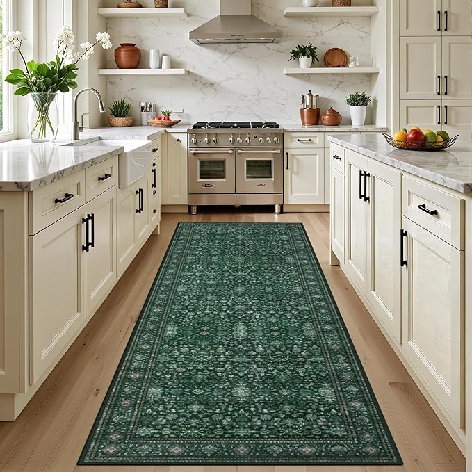 Hallway Runner Rug Non Slip - Washable 2.6x8 Kitchen Rugs for Living Room, Low-Pile Soft Bedroom Rug Indoor Floor Stain Resistant Carpets for Entryway, Laundry, Bathroom Deep Green