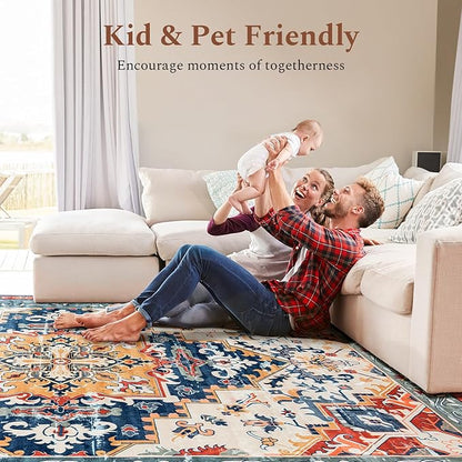 Rugflix 5x7 Area Rug for Living Room, Machine Washable Area Rugs with Non-Slip Backing, Large Soft Boho Vintage Rug for Bedroom, Dining Room, Low Pile Carpet, Kids Pet Friendly, Red