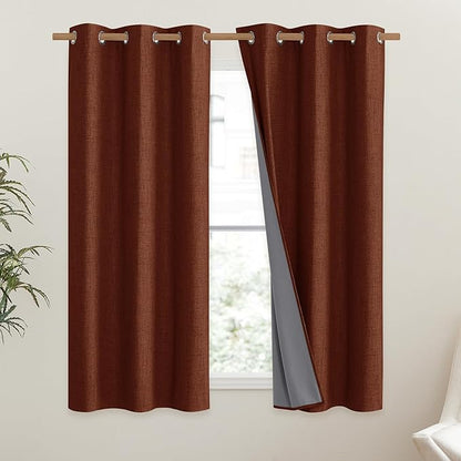 NICETOWN 100% Absolutely Blackout Linen Curtains with Thermal Insulated Liner, 42" Wide, 2 Panels, 54" Long Drapes, Grommet Retro Burnt Orange Linen Curtains Vertical Drapes Privacy for Kitchen