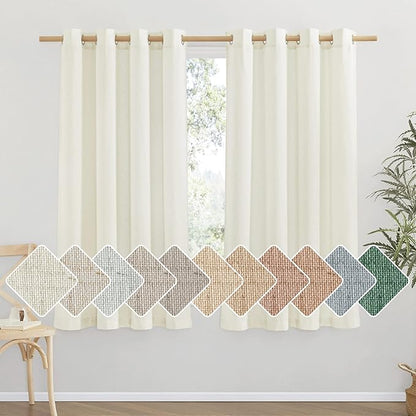 NICETOWN Flax Linen Blend Curtains for Bedroom, Vintage Grommet Top Semi Sheer Curtain Drapes Privacy Assured Window Treatment Light Reducing for Living Room, Off White, W55 x L63, Set of 2