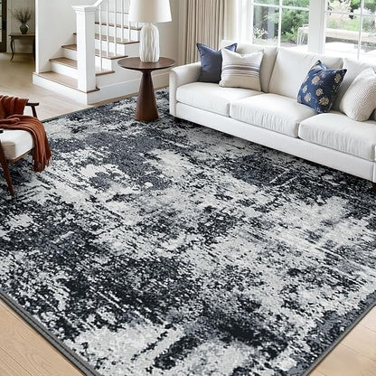 Washable Area Rugs Square 10ft Non-Slip Modern Abstract Soft for Living Room Entryway Bedroom Nursery, Print Pattern, Black Navy Blue Gray